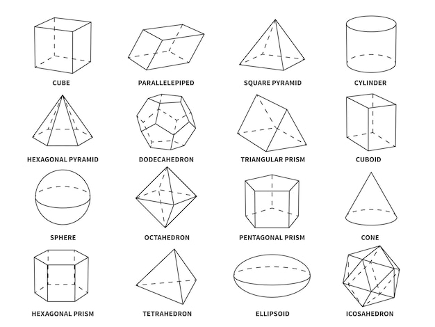 Geometric 3d line shapes. Geometry linear forms triangle, tetrahedron and cone, sphere and pyramid, hexagonal and prism objects vector education set