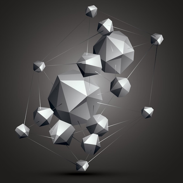 Geometric abstract 3D complicated object, monochrome asymmetric three-dimensional construction isolated.