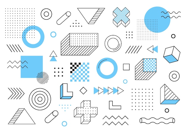 Geometric background. Universal trend halftone geometric shapes set juxtaposed with blue elements composition. Modern vector illustration.