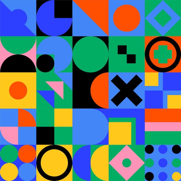 Geometric background with colorful bauhaus shapes