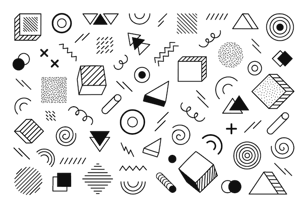 Geometric background with different hand drawn abstract shape. Universal trend halftone geometric shapes. Modern  illustration.