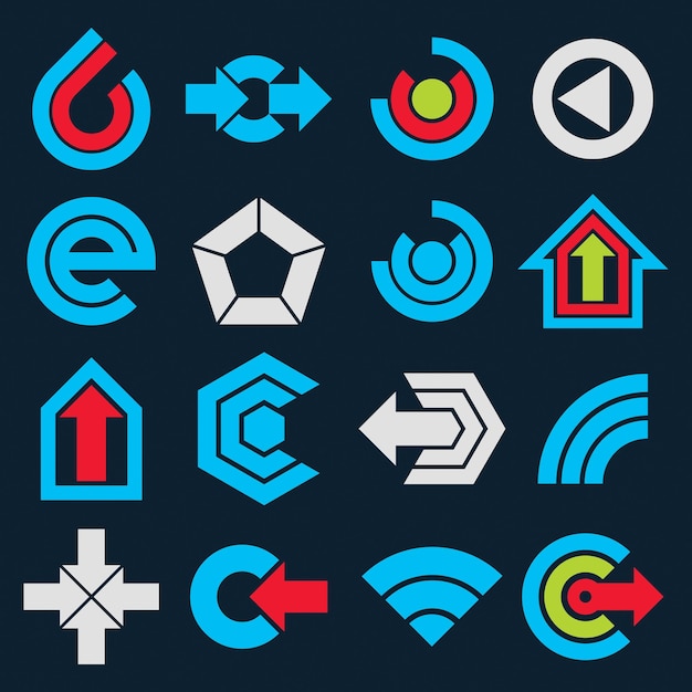 Geometric blue abstract vector shapes. Collection of arrows, navigation pictograms and multimedia signs, for use in web and graphic design.