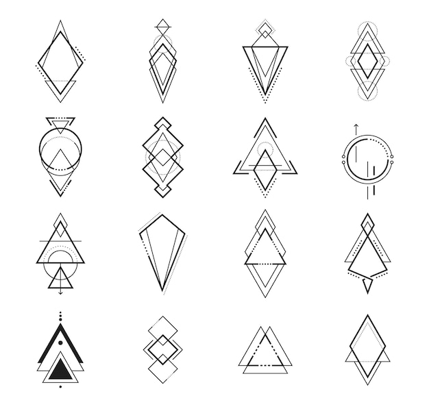 Vector geometric boho tattoo sacred geometry art and mystic tribal symbols vector signs geometric boho tattoo of moon and triangle alchemy magic and ethnic indian tribal or occult esoteric line symbols