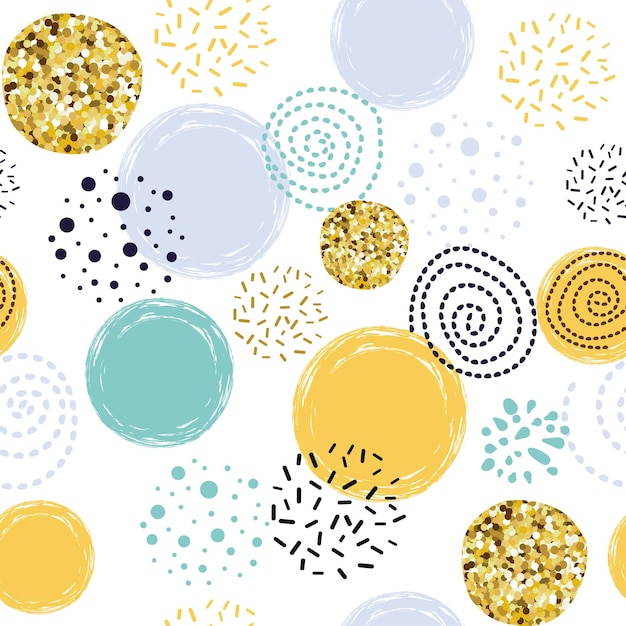 Geometric circle seamless pattern made from circle blue yellow gol glittering hand drawn elements Simple abstract round shapes background Modern wallpaper wrap Gold dots shining Vector illustration