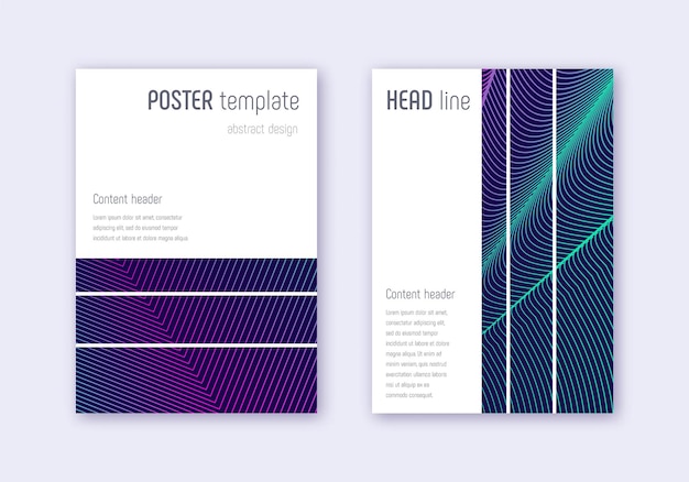 Geometric cover design template set. Neon abstract lines on dark blue background. Bewitching cover design. Energetic catalog, poster, book template etc.