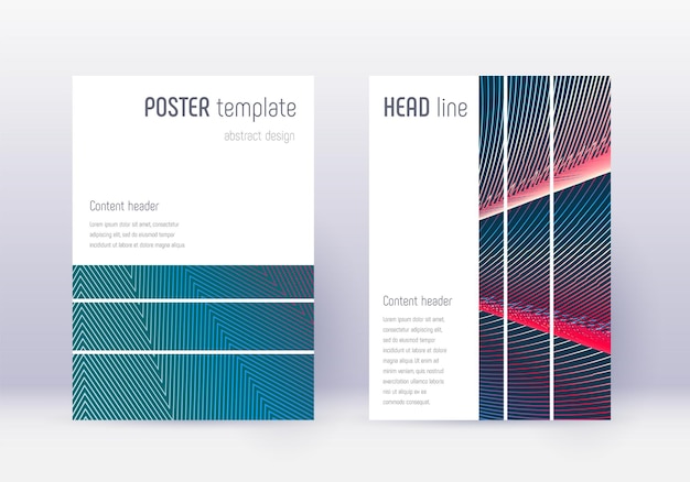 Geometric cover design template set. Red abstract lines on white blue background. Bizarre cover design. Precious catalog, poster, book template etc.