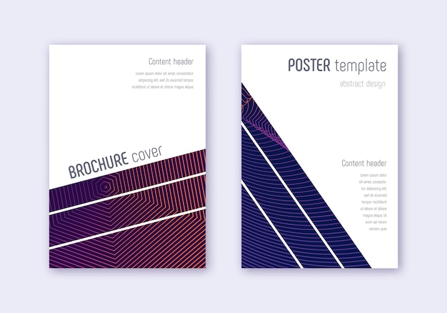 Geometric cover  template set. Violet abstract lines on dark background. Captivating cover design. Lively catalog, poster, book template etc.