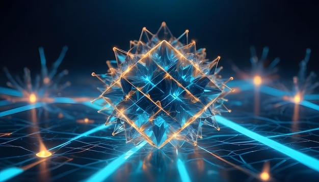 A geometric crystallike object with a blue core surrounded by glowing lines of light The dark background highlights its futuristic and abstract design