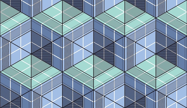 Geometric cubes abstract seamless pattern, 3d vector background. Technology style engineering line drawing endless illustration. Usable for fabric, wallpaper, wrapping, web and print.