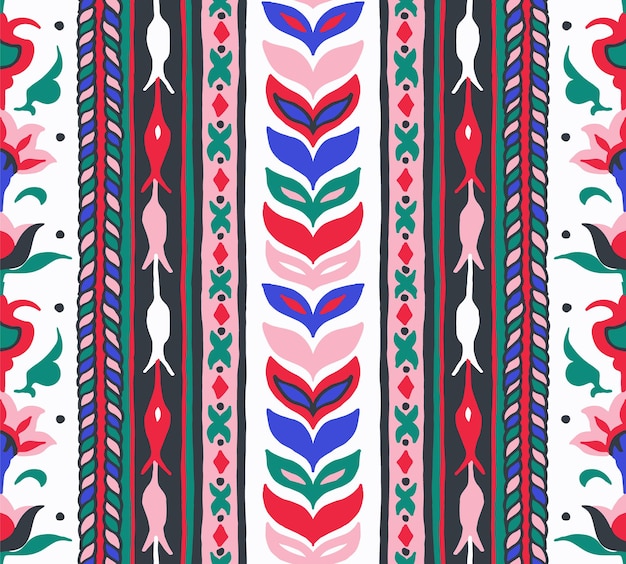 Geometric damascus ornament. Ikat border. Ethnic embroidery with leaves and monograms. Tribal vector texture. Seamless folk pattern in Aztec style. Indian, Scandinavian, Gypsy, Mexican, African rug.