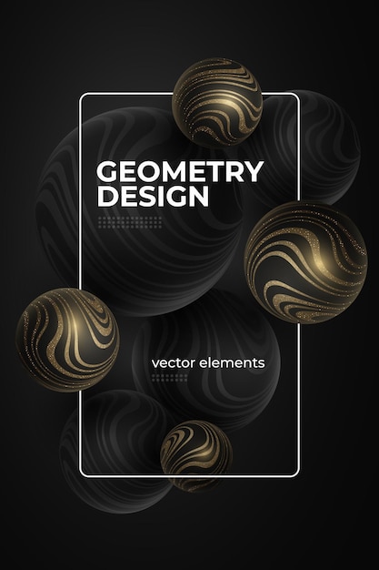 Geometric design cover Vector 3d spheres with golden glittering wavy striped pattern