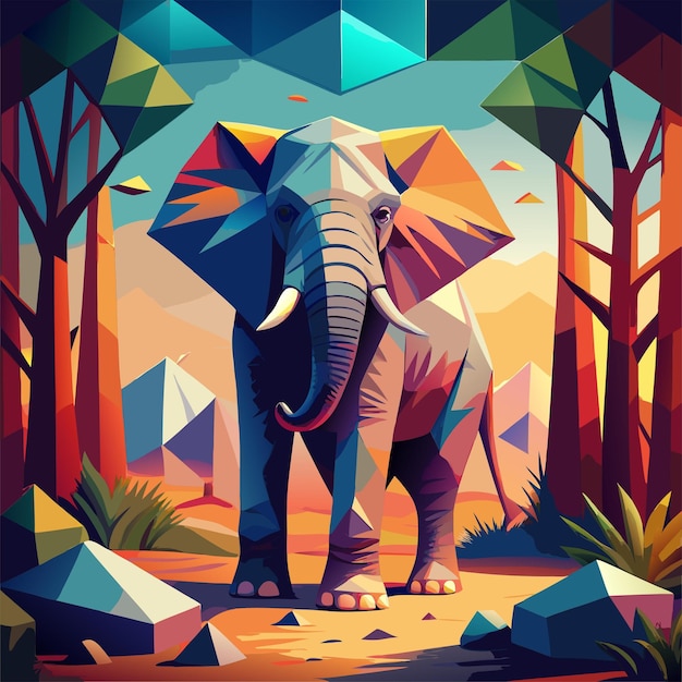 Vector geometric elephant in a tropical forest abstract wildlife art