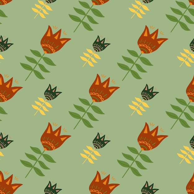 Geometric flower folk art seamless pattern on green background.