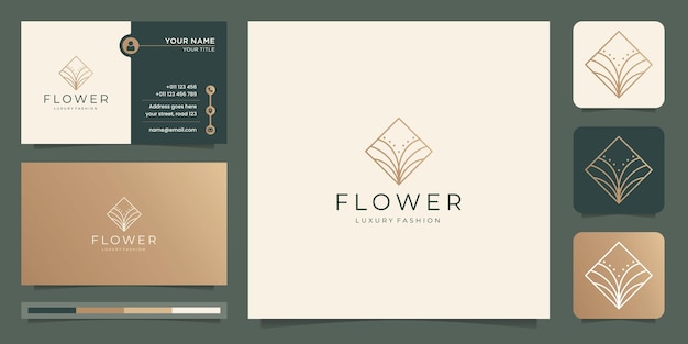 Geometric flower logo line style concept in square shape design gold color logo and business card