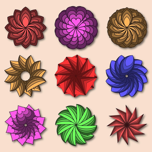 Geometric flower shape with alternating petals. Radial, radiating circular lotus shape vector