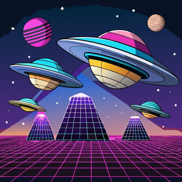 Vector geometric flying saucers and spaceships rendered with sleek metallic finishes flying over a grid