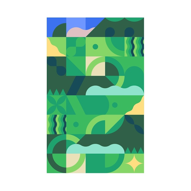 Geometric green landscape poster Summer meadow field in cubist art style for background Round and squared shapes on card Modern stylized vertical abstract cover Geometry flat vector illustration