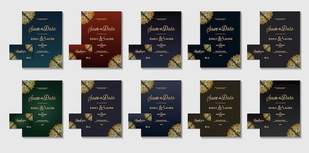 Geometric luxury wedding invitation card design with set collection with color variations flyer card vector template