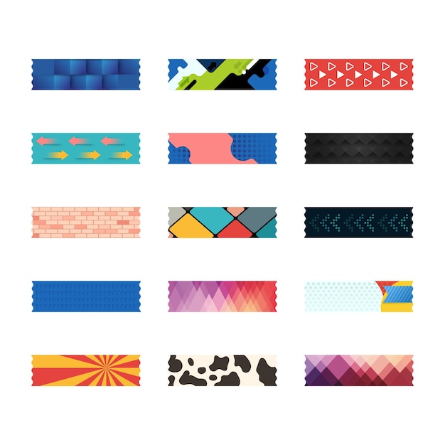 Geometric modern tape washi sticker strips for text decoration Set of colorful patterned washi tape Vector illustration