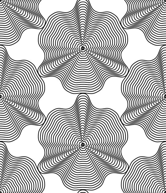 Geometric monochrome stripy seamless pattern, black and white vector abstract background. Graphic symmetric backdrop.