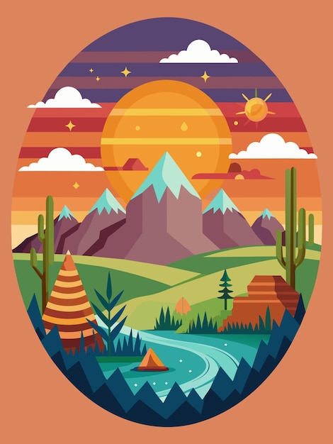 Vector geometric mountain landscape with sunset and camping tent