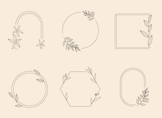 Geometric outline frame with flower, leaves and branches