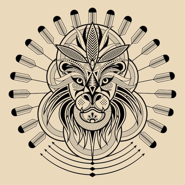 Geometric patterned black and white line style lion head  illustration