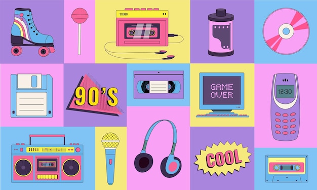 Geometric poster with 90s elements Old pc phone audio player cassette CD headphones floppy disk