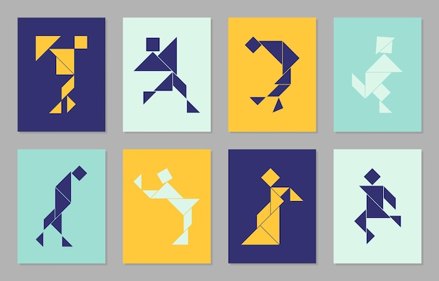 Geometric posters with 8 tangram people in different poses. Geometric shapes cover design