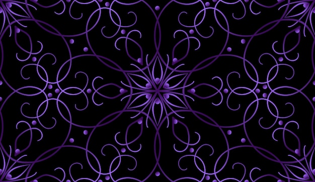 Geometric seamless pattern with curve lines Magical violet gradient mandala on black background