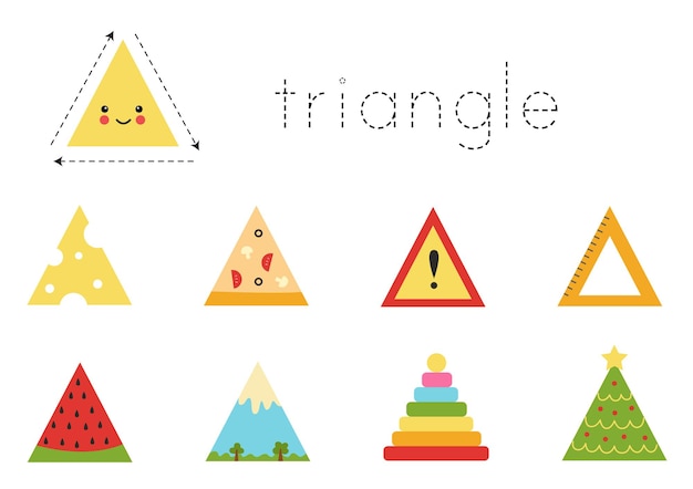 Geometric shapes for children. Worksheet for learning shapes. Triangular objects.