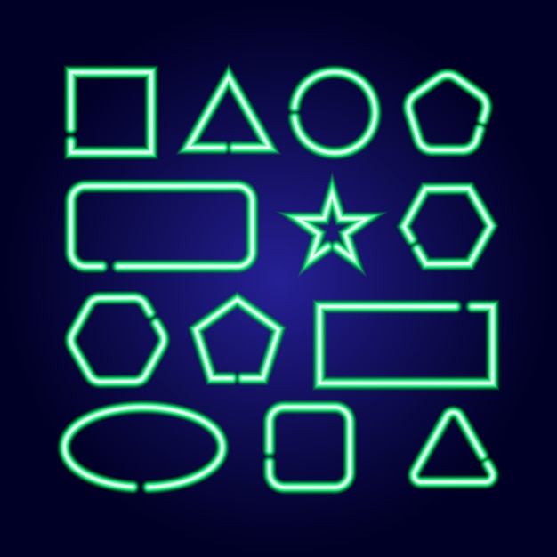 Geometric shapes set square, circle, star, triangle, rectangle, hexagon, ellipse from glowing green neon luminescence lines on classic blue dark background.