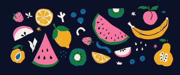 Vector geometric summer fresh fruit cut artwork poster with colorful simple shapes