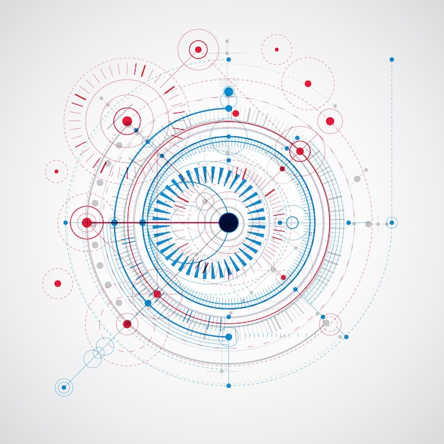 Geometric technology vector drawing, technical wallpaper in blue and red colors. Abstract scheme of engine or engineering mechanism.