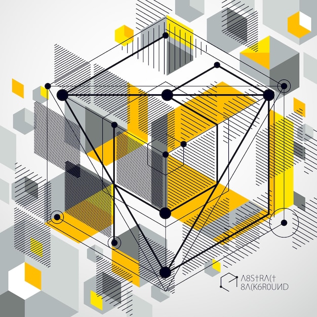 Geometric technology vector yellow drawing, 3D technical wallpaper. Illustration of engineering system, abstract technological backdrop. Abstract technical background.