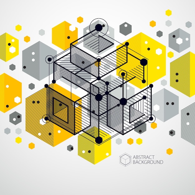 Geometric technology vector yellow drawing, 3D technical wallpaper. Illustration of engineering system, abstract technological backdrop. Abstract technical background.