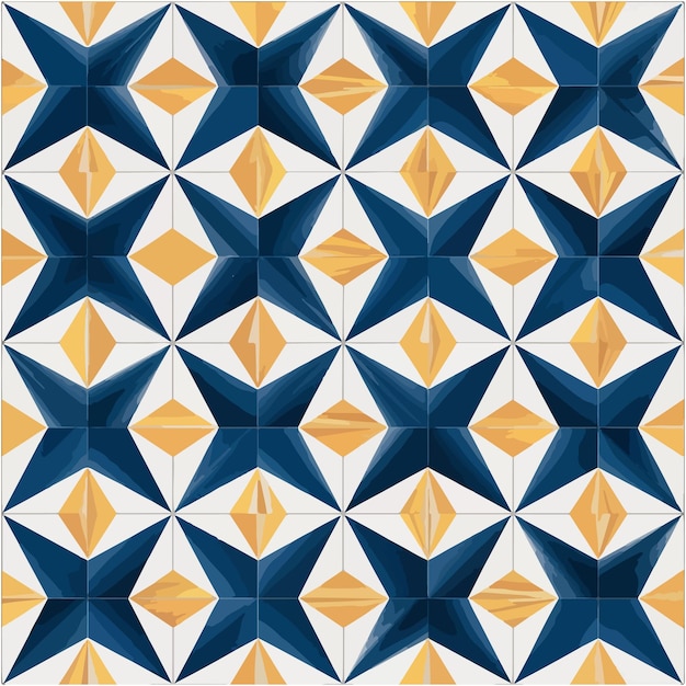 Geometric Tile Pattern Design with Blue Hexagons White Triangles and Yellow Circles