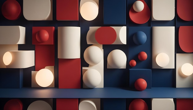 A geometric wall art installation with red white and blue shapes spheres and lights creating a visually dynamic pattern