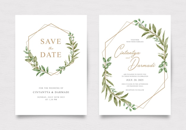 Geometric wedding invitation template with watercolor foliage