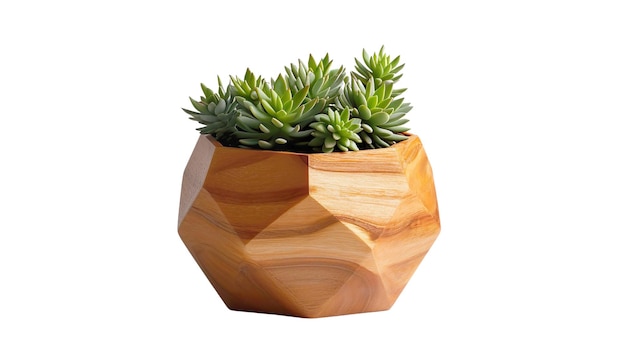 Geometric Wooden Planter with Succulents on Transparent Background