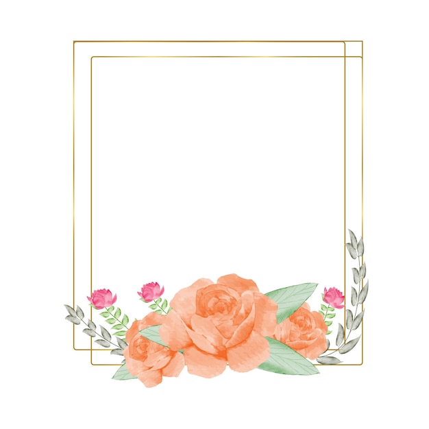 Geometry golden frames with watercolor hand draw branches of green leaves and rose