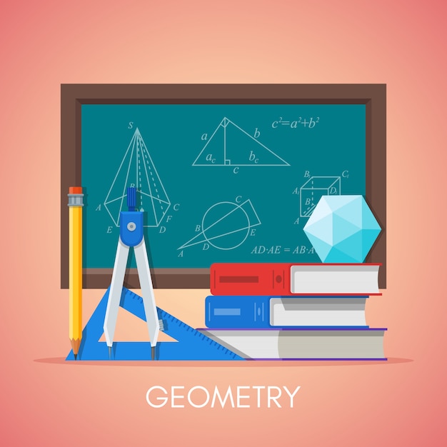 Geometry science education concept poster in flat style design. Geometry and math symbols on a school chalkboard.