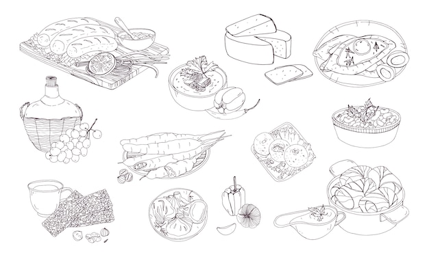 Georgian cuisine. Different dishes. Hand drawn black and white  illustration.