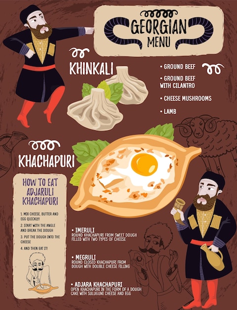 Georgian menu restaurant with characters Flat vector food illustration with Georgian men