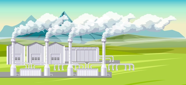 Vector geothermal ecological electricity energy generator power plant renewable thermal water resource environmental alternative field mountain vector illustration