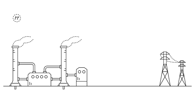 Vector geothermal power station drawing in line art style. renewable energy source.