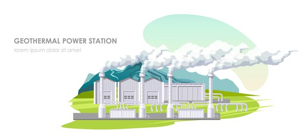 Geothermal power station Mountain and field landscape Electricity production technology Ecological renewable resource Environmental alternative source Steam generation Vector illustration