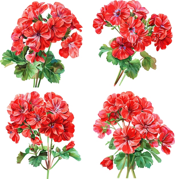 Geranium Flowers set watercolor isolated on white background