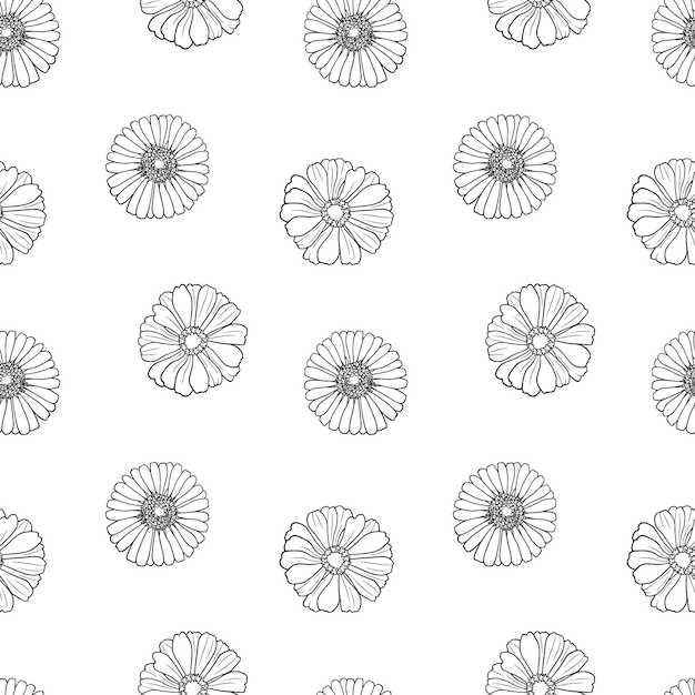 Gerbera daisy flower line art seamless pattern Beautiful hand drawn illustration background