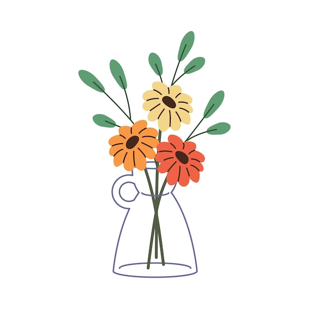 Gerbera with leaves branches in glass vase Cut flowers in transparent jug Blossom plant for interior decoration Floral decor in modern minimal style Flat isolated vector illustration on white